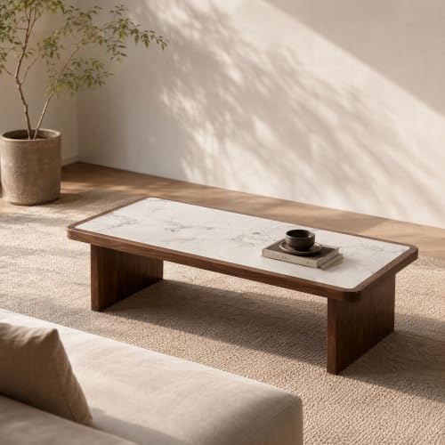 47.24" Solid Wood Coffee Table with Sintered Stone Top, Mid-Century Modern Design, Walnut Living Room Tea Center Table - color: Style 5: White Walnut