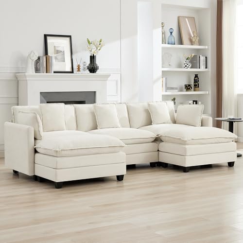 111'' Sectional Cloud Deep Seat Couch, Oversized Chenille U Shaped Sectional Sofa for Living Room Set, Comfy Upholstered Modular 5-Seats Sectional Sofa Couch with 2 Movable Ottoman, Beige - color: Beige, size: 111'' U Shape