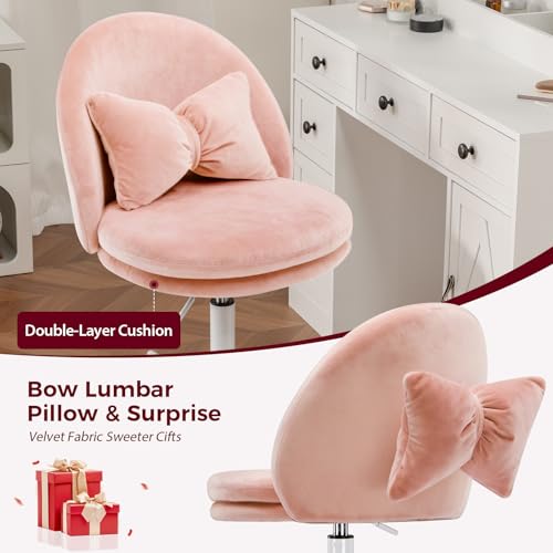 GTPLAYER Velvet Tall Office Chair with Wheels Vanity Chairs with Back, Versatile Height Use: Office to Bar Stools Small Ergonomic Comfy Armlees Computer Desk Chair with Bow Lumbar Pillow for Gift - color: Ve-pink