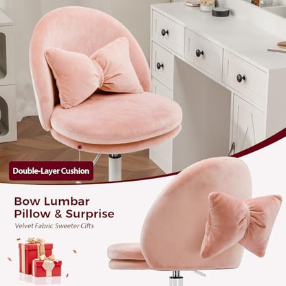GTPLAYER Velvet Tall Office Chair with Wheels Vanity Chairs with Back, Versatile Height Use: Office to Bar Stools Small Ergonomic Comfy Armlees Computer Desk Chair with Bow Lumbar Pillow for Gift - color: Ve-pink