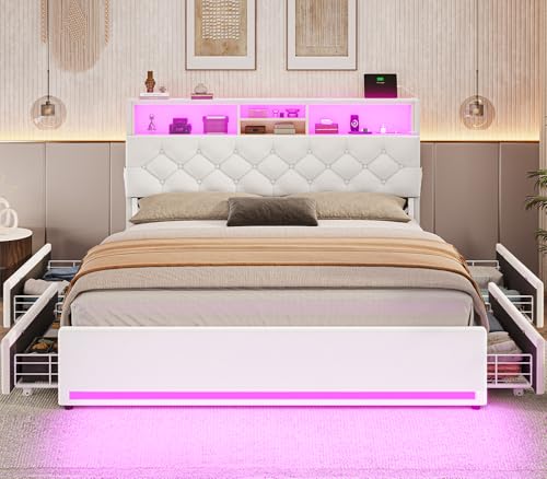 Full Size Bed Frame with 4 Drawers, Storage Headboard, Lights, Cream | LED Bed Frame Full Size with Charging Station, 5 Shelves, Velvet Upholstered Bed with Metal Slats, No Box Spring Needed - color: Creamy White-velvet, size: Full