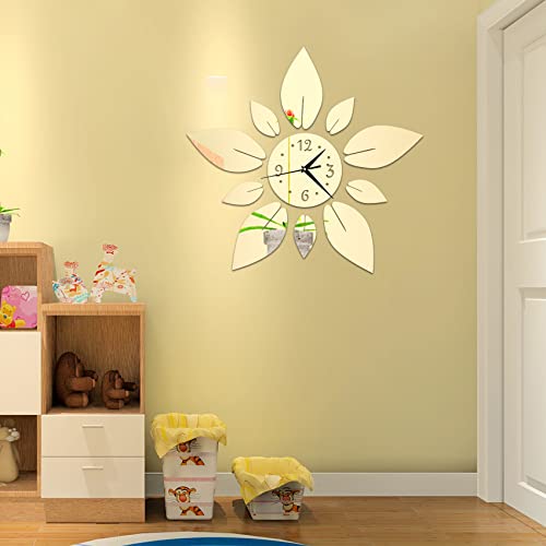 Acrylic Flower Mirror Wall Stickers, Silent DIY Wall Clock Decals | Self-Adhesive Crystal Decals, Silent Quartz Clock, Silver Petal Combo Decor For Home Apartment Office Wall Art
