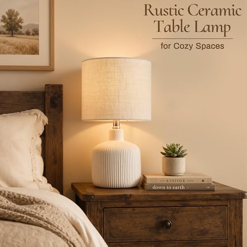 Ceramic Table Lamp, Off-White, 17.75" | Rustic Farmhouse, Beige Linen Shade, Warm Ambient Lighting, Bedside Nightstand - color: Off-White