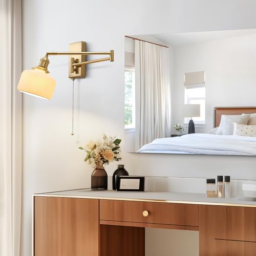Swing Arm Wall Sconce 2-Pack, Brass Milk Glass Shade, 17.7" | Pull chain, E26 base, bedside vanity bathroom, mid century wall light - color: B-2Pack
