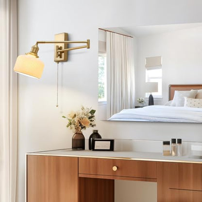 Swing Arm Wall Sconce 2-Pack, Brass Milk Glass Shade, 17.7" | Pull chain, E26 base, bedside vanity bathroom, mid century wall light - color: B-2Pack