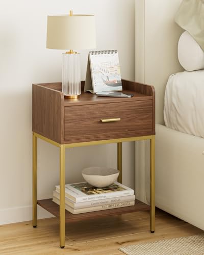Masupu Nightstand, 3-Tier Modern Bedside Night Stand with Storage Drawer and Shelf, Small End Side Table for Bedroom, Living Room, Walnut - color: Brown Walnut