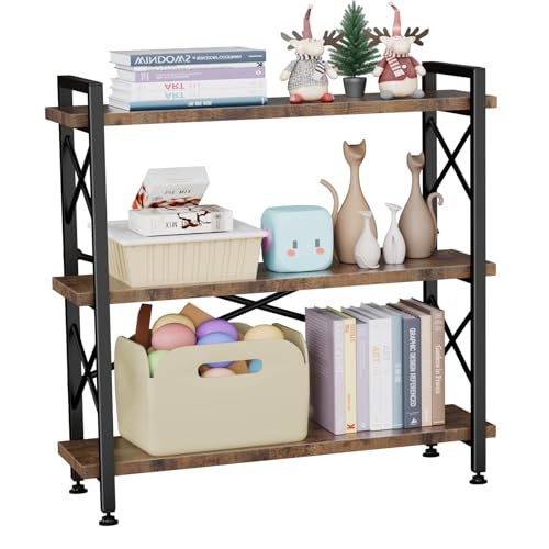 CROWNFURN 3 Tier Bookshelf 35.43" Width, Rustic Open 3 Shelf Short Bookcase with Metal Frame, Industrial Book Shelf for Home Office Bedroom Living Room (Rustic Brown)