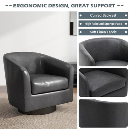 Swivel Accent Chair, PU Leather Upholstered Barrel Club Chair, Black | Modern Round Armchair | Comfy Reading Seat with Removable Cushion | For Living Room, Bedroom, Office - color: Black