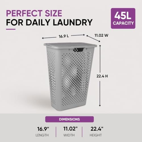 Superio 45L Slim Laundry Hamper with Lid, Perforated Plastic Clothes Basket, Modern Space-Saving Design, Sturdy Laundry Bin with Ergonomic Handles, Grey - color: Grey, size: 1 Pack, style: Laundry Hamper - 45L