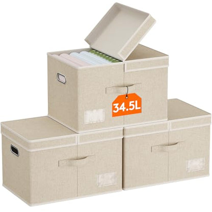 Lifewit Fabric Foldable Storage Bins with Lids and Handles,34.5L,3 Pack | Foldable, stackable clothes storage boxes with handles for decorative closet organization in bedrooms, offices,Beige