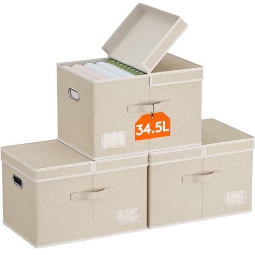 Lifewit Fabric Foldable Storage Bins with Lids and Handles,34.5L,3 Pack | Foldable, stackable clothes storage boxes with handles for decorative closet organization in bedrooms, offices,Beige