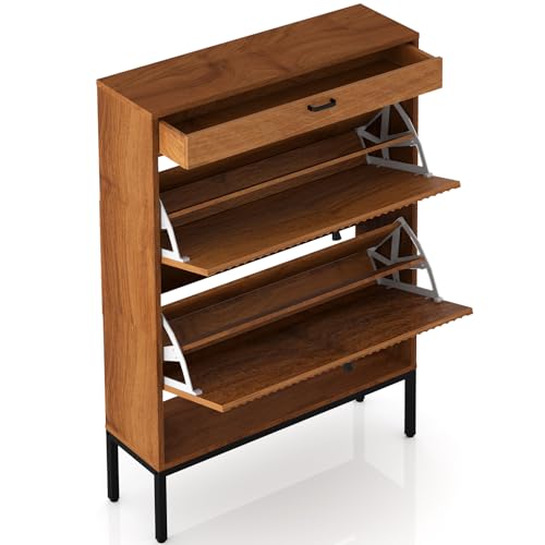 Shoe Cabinet, Shoe Storage Organizer Cabinet with 2 Flip Wavy Line Drawers, Freestanding Shoe Rack with Adjustable Shelf for Entryway, (Walnut) - color: Wavy Line-walnut
