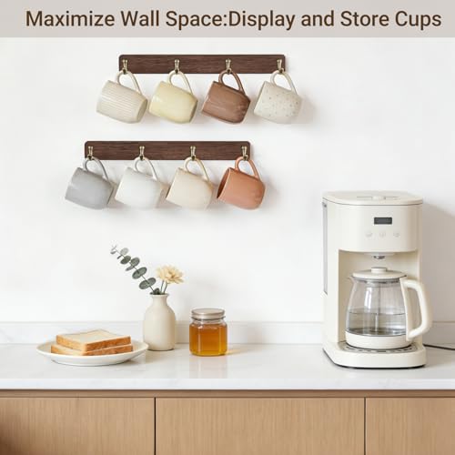 Mkono Wall Mug Holder, Wooden Coffee Cup Hanger Rack with 8 Hooks, Brown | 2 Pcs Storage and Display Mug Shelf, Space Saving, Easy Install, Durable Metal Hooks, Kitchen Dining Coffee Bar Organizer