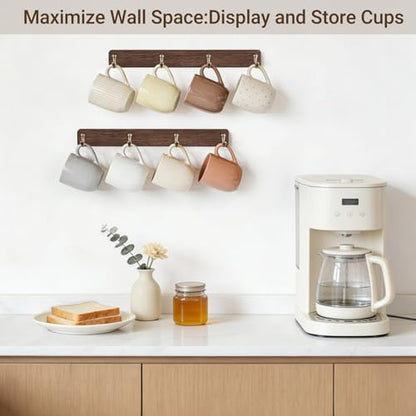 Mkono Wall Mug Holder, Wooden Coffee Cup Hanger Rack with 8 Hooks, Brown | 2 Pcs Storage and Display Mug Shelf, Space Saving, Easy Install, Durable Metal Hooks, Kitchen Dining Coffee Bar Organizer
