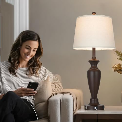 Cinyirong 30" Tall Metal Table Lamps Set of 2, Touch Control Bedside Lamps for Bedroom Nightstand, 3-Way Dimmable Farmhouse Lamp for Living Room with Charging Ports, Brown (2 LED Bulbs Included) - color: Brown (2 Pack)