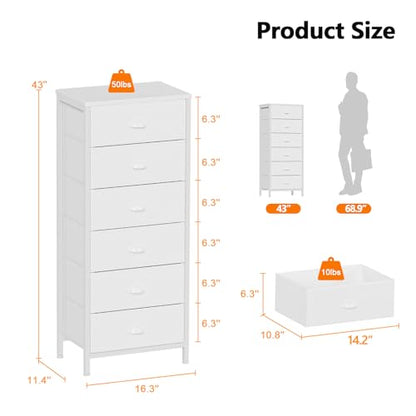 Tall Dresser with 6 Drawers,Vertical Chest of Drawers and Nightstand for Bedroom with Fabric Drawer Organizer Unit in Living Room,Closet,Entryway,Hallyway