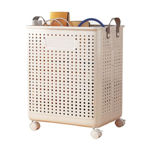 WESAPPINC Collapsible Large Laundry Hamper, Plastic Laundry Basket with Wheels,Suitable for Bathroom, Bedroom, Dorm Room & Laundry Room,Basket with Handle (Cream color) - color: 55L Cream