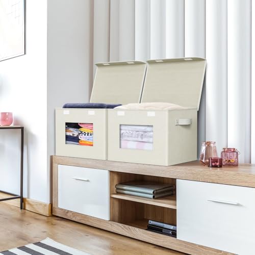 Univivi Fabric Storage Bins with Lids for Clothes 4 Pack, Beige Linen | 17 x 12 x 12 In Foldable Storage Boxes with Handles, Clear Window, Closet Organizers for Home, Bedroom - color: Linen Beige