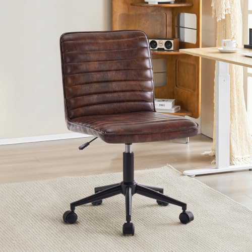 Furnimart Armless Swivel Rolling Desk Chair, Adjustable Faux Leather Vanity Chair with Gold Legs, Cute Task Chair with Wheels for Living Room Bedroom Studying Small Places(Dark Brown) - color: Dark Brown-faux Leather