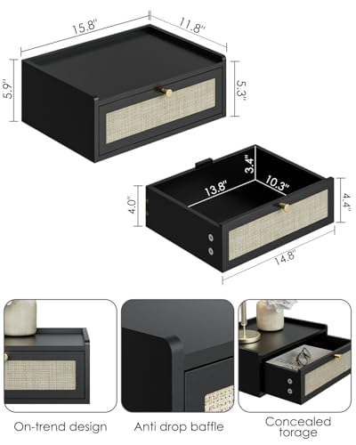 Floating Nightstand,Wall Mounted Night Stand with Drawer,Small Floating Shelves,Floating Wood Bedside Table for Bedroom、Living Room、Bathroom (Bohemian, Black.) - color: Black., style: Bohemian