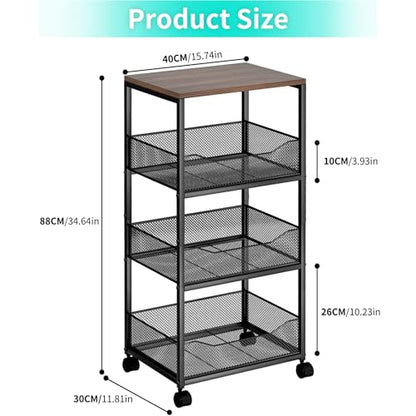 HapiRm Fruit Basket Kitchen Cart - 4-Tier Rolling Storage Cart with Wheels, Fruit Vegetable Basket with Wood Top, Pantry Utility Kitchen Organizer for Fruit Potato Onion Vegetable Bread Snack - color: Black