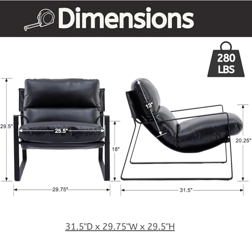 LukeAlon Modern PU Leather Accent Armchair, Black | Pu Leather Upholstered Living Room Chair With Metal Base & Thickened Cushion, Comfy Single Lounge Sofa for Bedroom, Office - color: Black