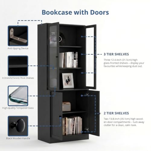 TUSY 71" H Bookshelf with Storage, 6-Tier Modern Bookshelves with 3 Large Drawer, Display Bookcase with Glass Doors, Modern 5-Tier Curio Cabinet for Home Office, Dining Room (Black, ABBA) - color: Black