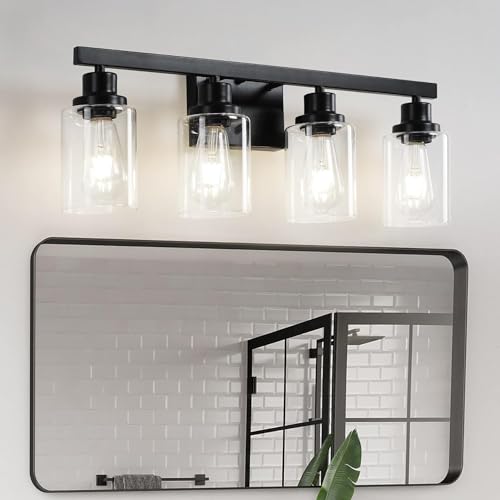 4-Light Bathroom Vanity Light, Modern Matte Black Wall Sconce Lighting with Clear Glass Shade, Bathroom Lighting Fixtures Over Mirror,Vintage Wall Mounted Lamps for Mirror Bedroom,Living Room - color: Black, size: 4-light