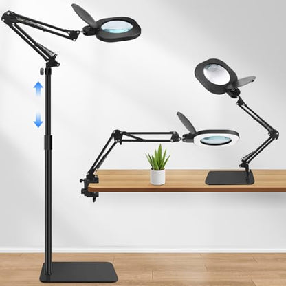 15X Magnifying Lamp with Light,5-Inch Optical Glass Lens, 3-in-1 Desk/Clamp/Floor Stand, LED Lighted Magnifier, Stepless Dimming for Close Work, Crafts, Repair, Reading, Sewing, Black - color: Black
