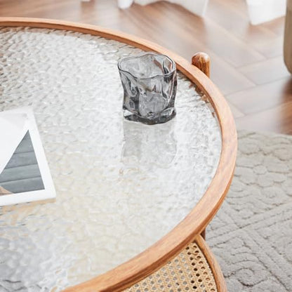 VINGLI 30" Rattan Coffee Table, Round Water-Wave Glass Metal Center Table, Modern Coffee Table with 2-Tier Storage, Farmhouse Circular Coffee Tables for Living Room and Small Space, Natural Vibe | Water-Wave Glass Metal Center Table, Boho Coffee Table wit