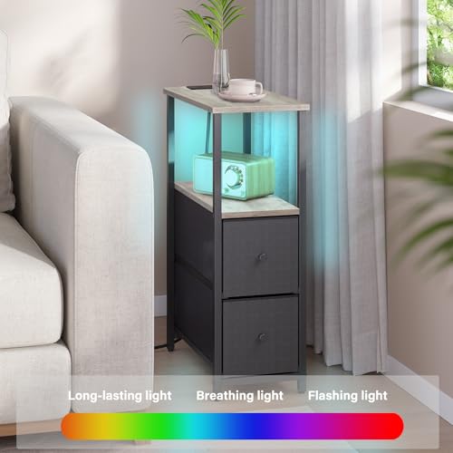 TUTOTAK Narrow LED End Table with Charging Station, Skinny Side Table | Bedside Table with Outlets, Nightstand with 2 Cloth Drawers, Couch Table for Living Room, Bedroom, Greig TB01BG056 - color: Greige, style: 2 Drawers with Plug & Light