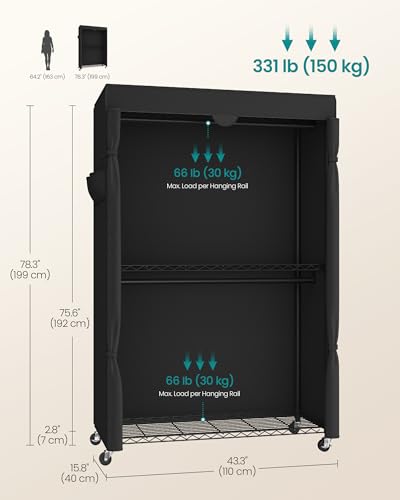SONGMICS Clothing Rack, Heavy-Duty Garment Rack, Adjustable Storage Shelves | Freestanding Portable Wardrobe Closet, Hanging Rails, Black, DALTEN Collection ULGR415B01 - size: 43.3"W x 78.3"H, style: With Fabric Cover