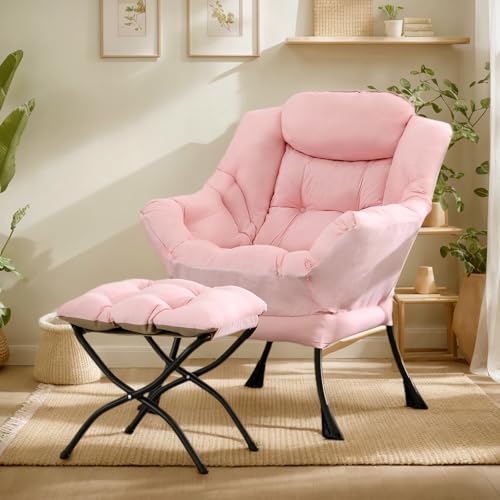 Lazy Chair with Ottoman, Soft Comfy Chair for Bedroom, Pink | Reading Accent Lounge Chair with folding Foot Stool for Living Room Dorm Apartment, sturdy metal frame - color: Pink
