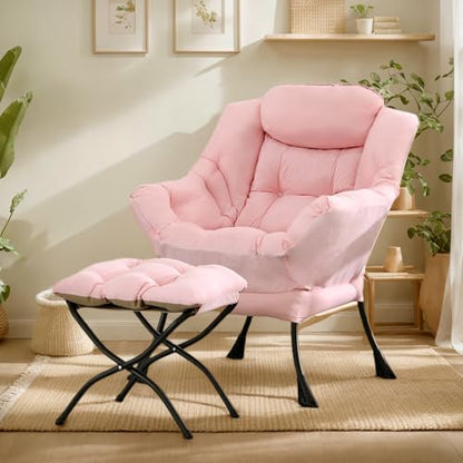 Lazy Chair with Ottoman, Soft Comfy Chair for Bedroom, Pink | Reading Accent Lounge Chair with folding Foot Stool for Living Room Dorm Apartment, sturdy metal frame - color: Pink