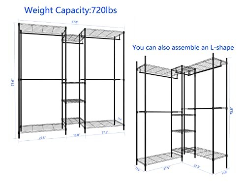 Heavy Duty Clothes Rack for Hanging Clothes, Metal Garment Rack，Large Capacity Portable Clothing Rack，Freestanding Open Wardrobe Organizer Rack, 67.0"L x 13.8"W x 75.6"H Max Load 720LBS, Black