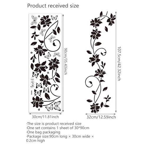 Black Flower Vine Butterfly Wall Stickers Floral Wall Art Decals | Simplicity Minimalist Removable Vinyl Peel and Stick for Bathroom Living Room Bedroom Home Decor
