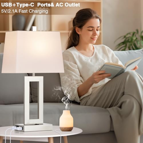 Silver Bedside Table Lamp Set of 2,Nightstand Lamps with USB Ports | Lamps with USB C+A Ports,AC Outlet,23.5 In Modern Metal Lamp for Bedroom Living Room End table,ON/OFF Push Button,NO dimming - color: Silver-Base