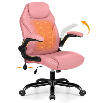 Ylzyxal Office Desk Chair, Ergonomic Computer Chair with Padded Flip-Up Arms and Adjustable Lumbar Support, PU Leather Executive Chair with Tilt Lock and 360° Swivel Rolling Wheels for Work, Study - color: Pink