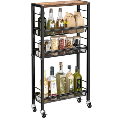Slim Rolling Cart, 4-Tier Narrow Kitchen Storage Cart, Slim Utility Cart on Wheel, Skinny Bathroom storage cart with Wood Tabletop, 6.0" Deep, For Kitchen, Dining Room, Living Room, Laundry Room