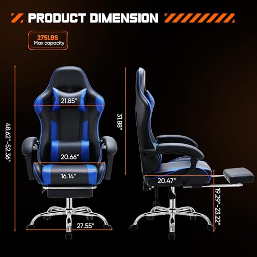 Sweetcrispy Gaming Chair with Footrest, Ergonomic Lumbar Support Desk Chair | High Back Ergonomic, PU Leather, Adjustable Headrest, Linkage Armrest, Height Adjustable, 360 Swivel, Blue - color: Pu Blue
