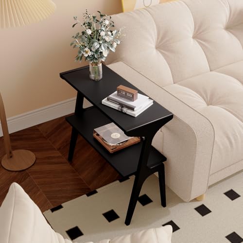 Solid Wood End Table | 2-Tier Side Table with Storage Shelf, Accent Slim Bedside Table for Sofa, Living Room, Bedroom, Small Space, Black - color: Black