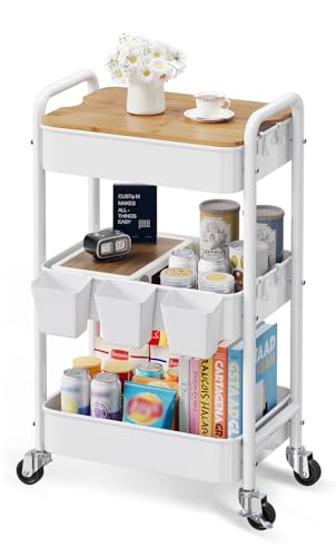 3 Tier Rolling Cart with Wood Table Top, White Bedside Cart on Lockable Wheels, Metal Utility Storage Organizer Carts for Kitchen, Art, Craft, Nail, Salon, Lash, Nursery, Bathroom, Baby Diaper Caddy - color: White