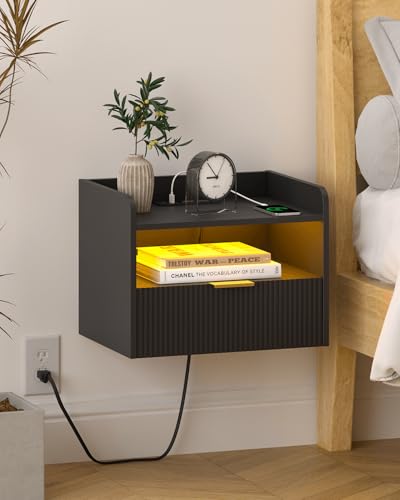Veegle White Floating Nightstand with Charging Station and LED Lights (Black) - color: Black