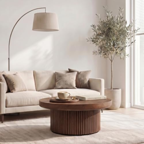 33.5" Round Coffee Table with Real Wood Parquet Top,Walnut | Mid-Century Modern Kitchen Table Center Table, Thickened Tabletop, Sturdy Base for living Room, Easy Assembly - color: E-33.5" Walnut