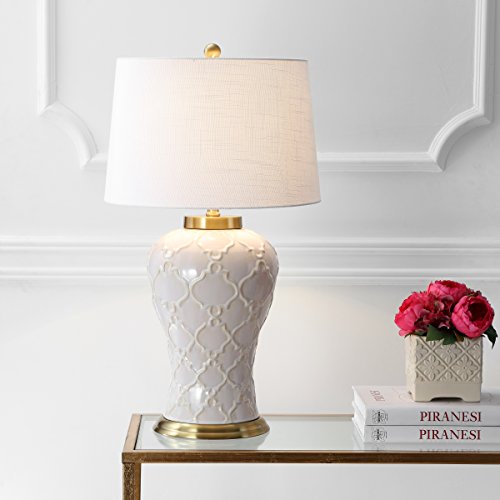 JONATHAN Y Arthur Textured Ceramic Table Lamp 29", Cream | Quatrefoil Trellis Design, White Linen Drum Shade, Brass Accents, LED Bulb Included