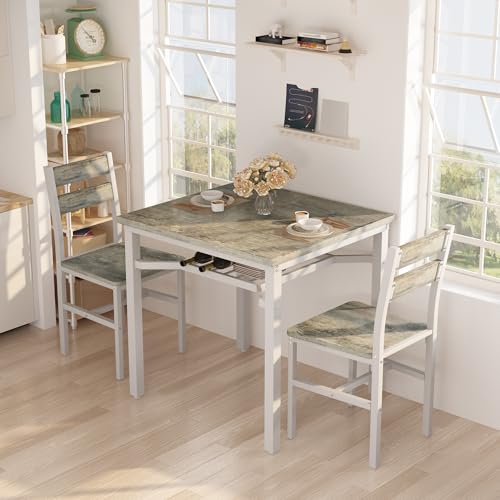 Hooseng 3 Piece Dining Table Set for 2, Small Wooden Kitchen Table with Storage, Farmhouse Square Dinette Set for Dining Room, Breakfast Nook, Apartment, Small Space - color: Grey