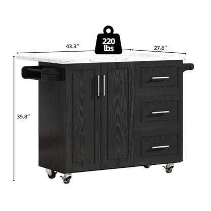 43" Kitchen Island on Wheels, Rolling Kitchen Island with Storage, Black | Modern Design, with Drop Leaf, 3 Storage Drawers, Spice Rack & Towel Rack, Faux Marble Tabletop, for Kitchen Dining Room - style: Black