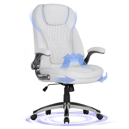 COLAMY Executive Office Chair-Ergonomic Computer Desk Chair, High Back Leather Chair with Padded Flip-up Arms, Swivel Home Office Chair Upgraded Caster, White - color: White, size: set of 1