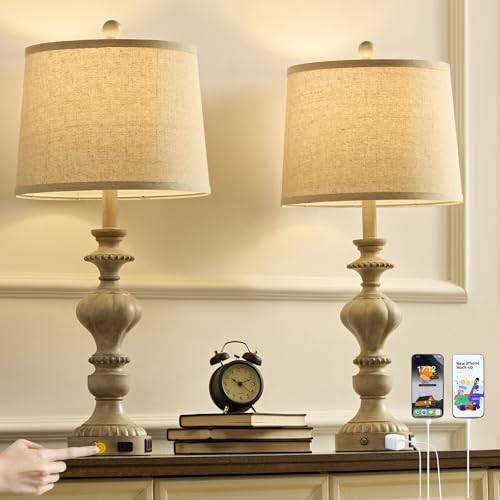 SAIWEYA 27.5" Farmhouse Table Lamps Set of 2, 3 Way Dimmable Touch Lamps | Touch Control, Dimmable, USB C+A Ports & AC Outlet, Bulbs Included, Bedside Nightstand Lamp for Living Room, Bedroom - color: Gray