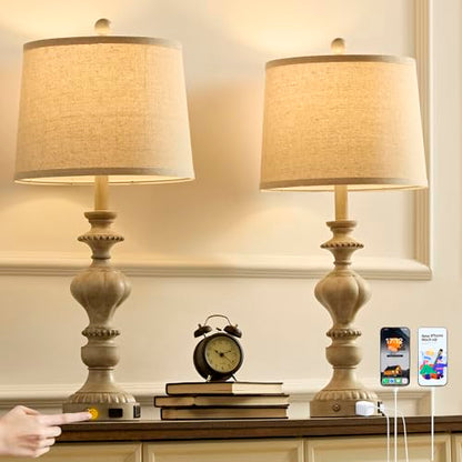 SAIWEYA 27.5" Farmhouse Table Lamps Set of 2, 3 Way Dimmable Touch Lamps | Touch Control, Dimmable, USB C+A Ports & AC Outlet, Bulbs Included, Bedside Nightstand Lamp for Living Room, Bedroom - color: Gray